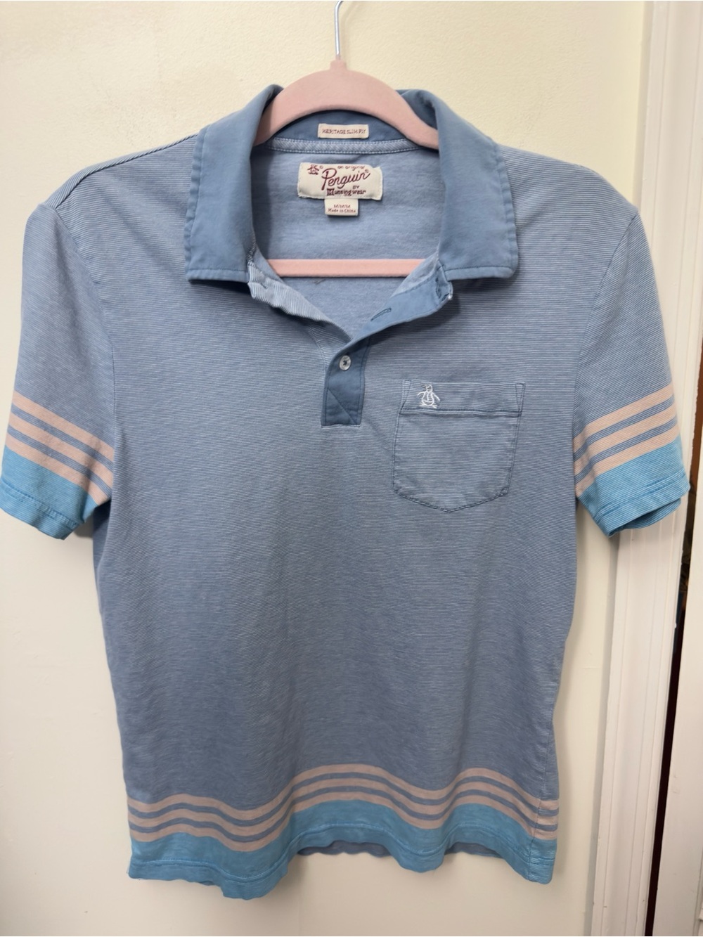 Original Penguin Heritage Slim Fit Blue Striped Pocket Polo Shirt | Size Medium